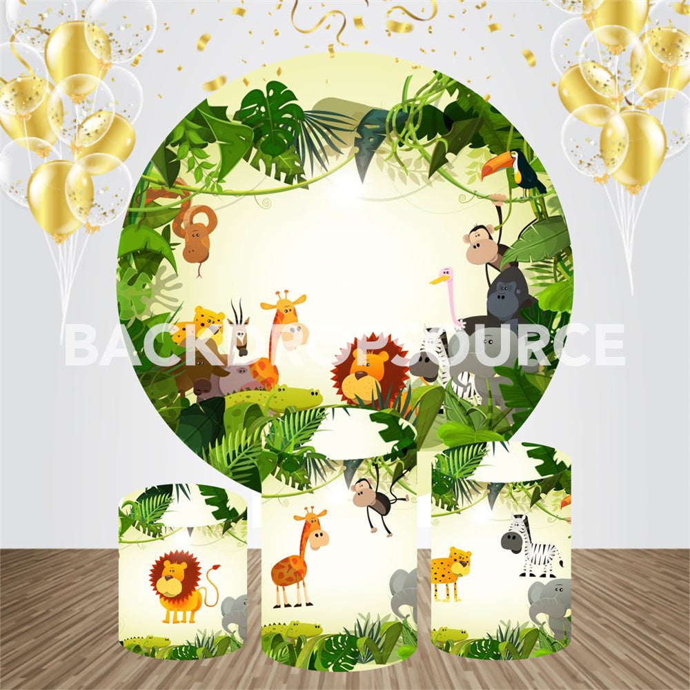 Cartoon Jungle And Animals Themed Birthday Event Party Round Backdrop Kit - Backdropsource