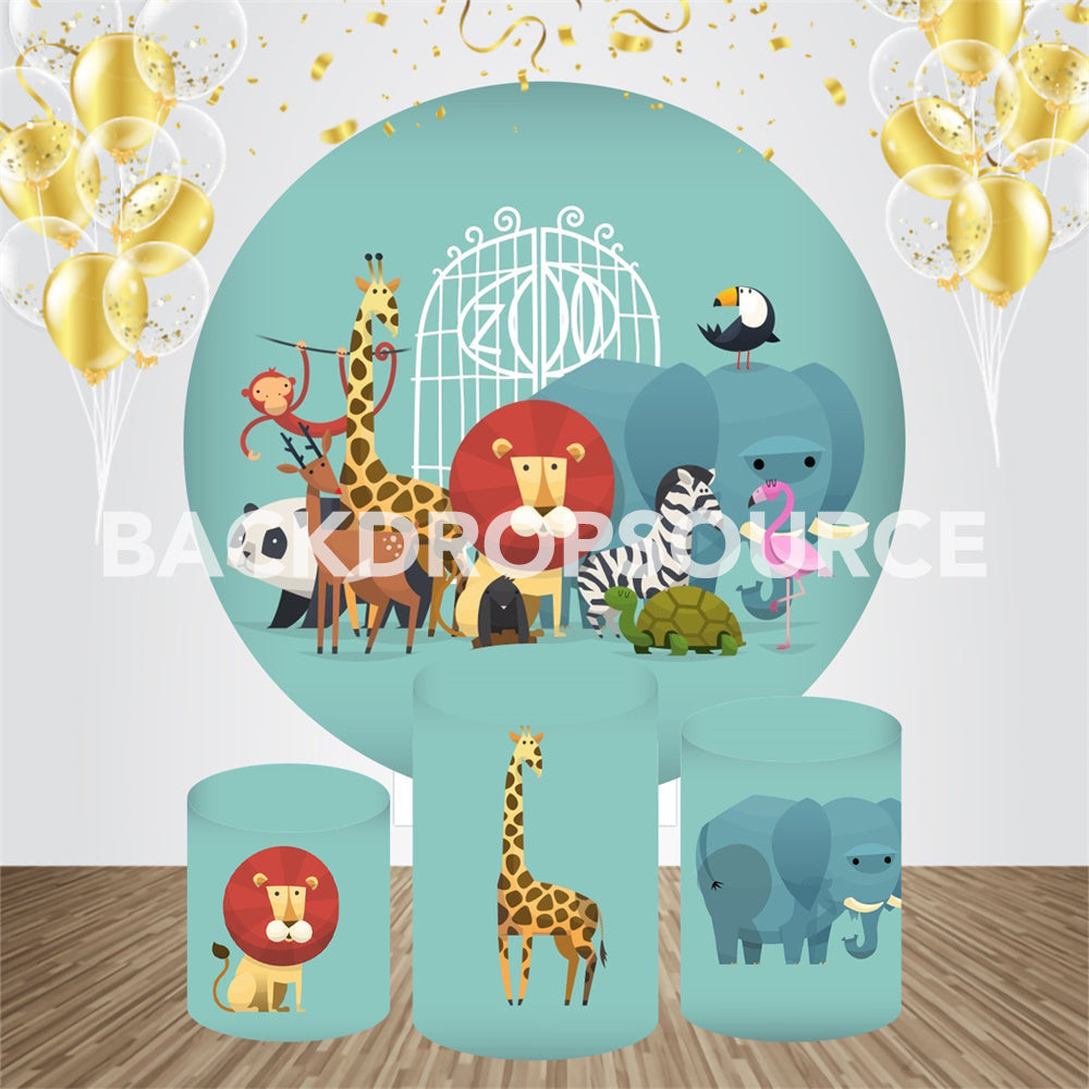 Cartoon Zoo And Animal Themed Birthday Event Party Round Backdrop Kit - Backdropsource