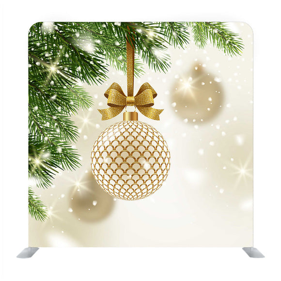 Patterned Golden Bauble With Glitter Gold Bow Hanging On A Christmas Tree Media Wall - Backdropsource